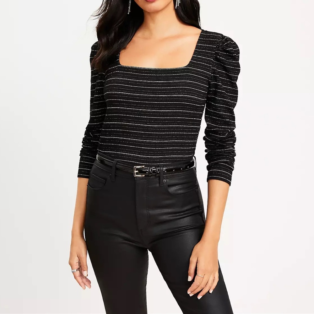 NWT LOFT Sparkle Puff Sleeve Black Square Neck Top with Metallic Stripes Size L